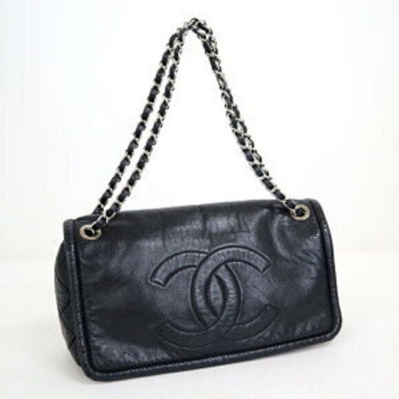 CHANEL Logo Flap Chain Shoulder Bag Black Leather - Picture 1 of 7
